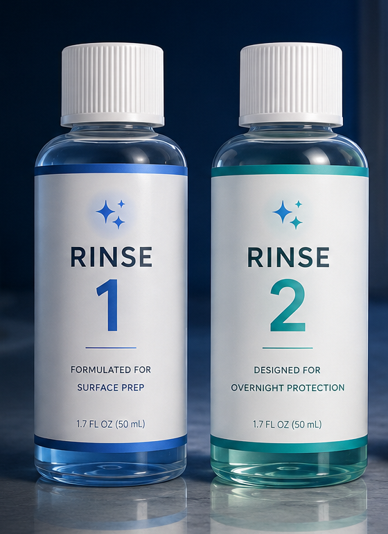 Illustrative two-rinse oral-care product concept with Rinse 1 and Rinse 2 bottles